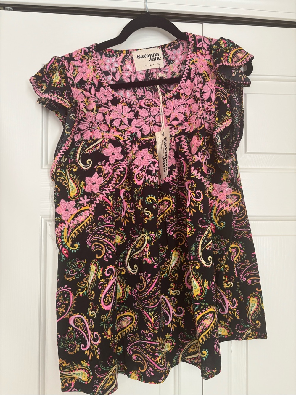 Savanna Jane Black Top with Pink Paisley Embroidery
